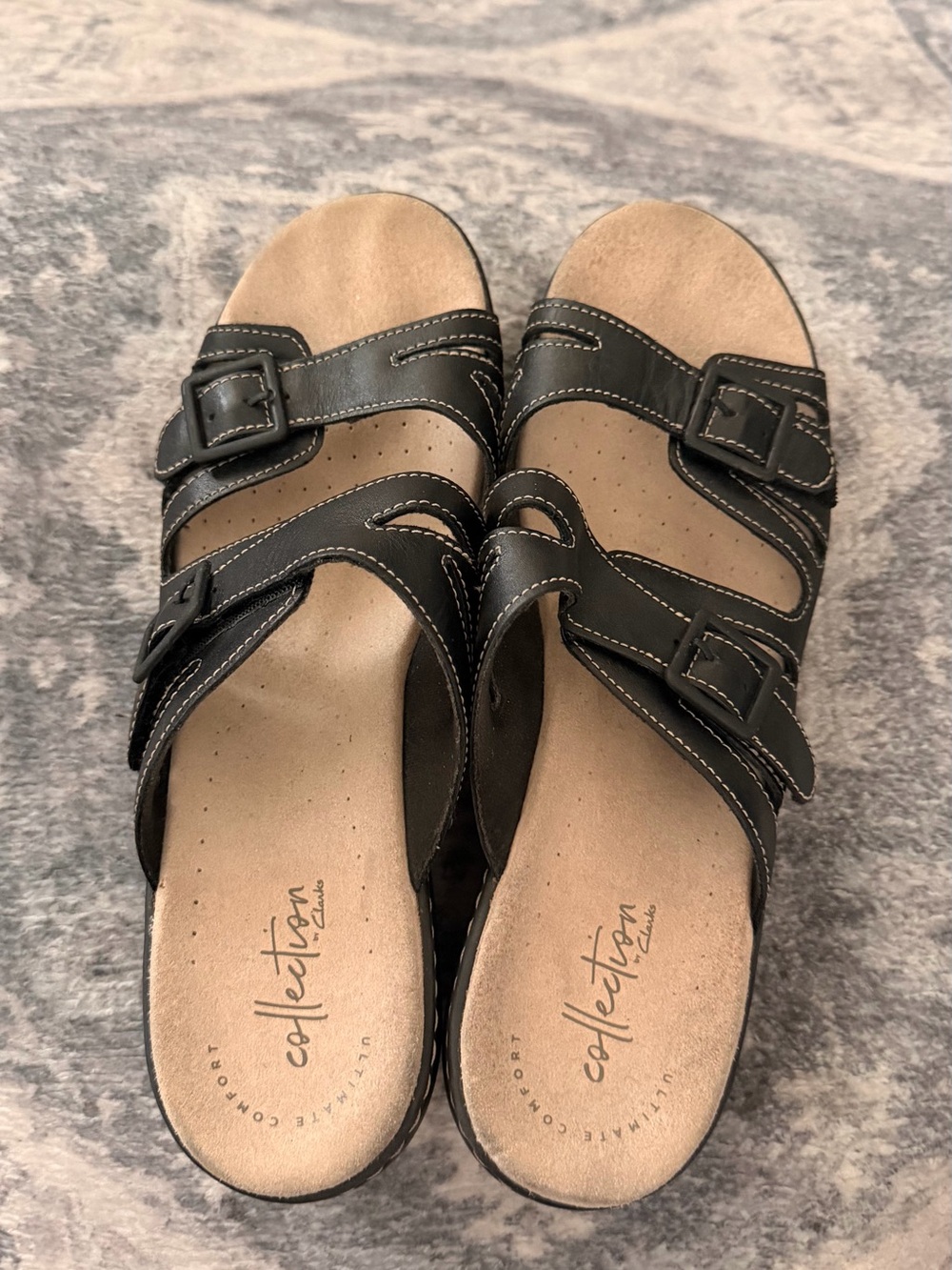 Clarks Black Triple-Buckle Comfort Mule Sandals